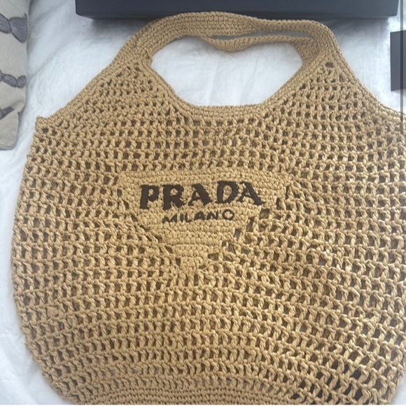 Prada Tan Crochet Tote with Black Logo - Picture 2 of 7